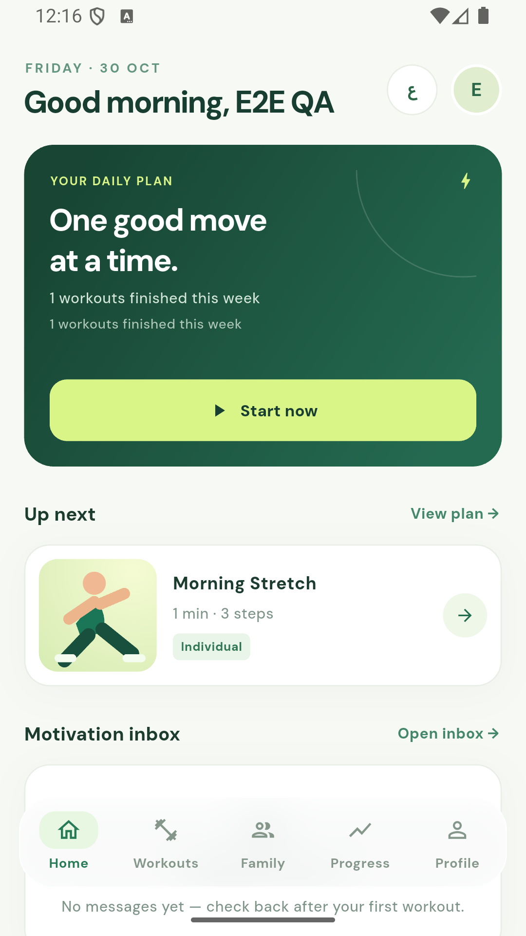 FamilyMove home screen showing today’s workout and family round