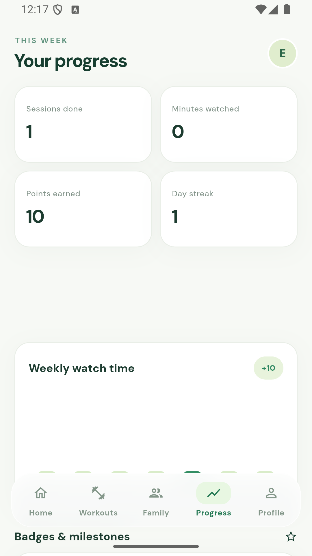 Progress screen with points, badges and completion history